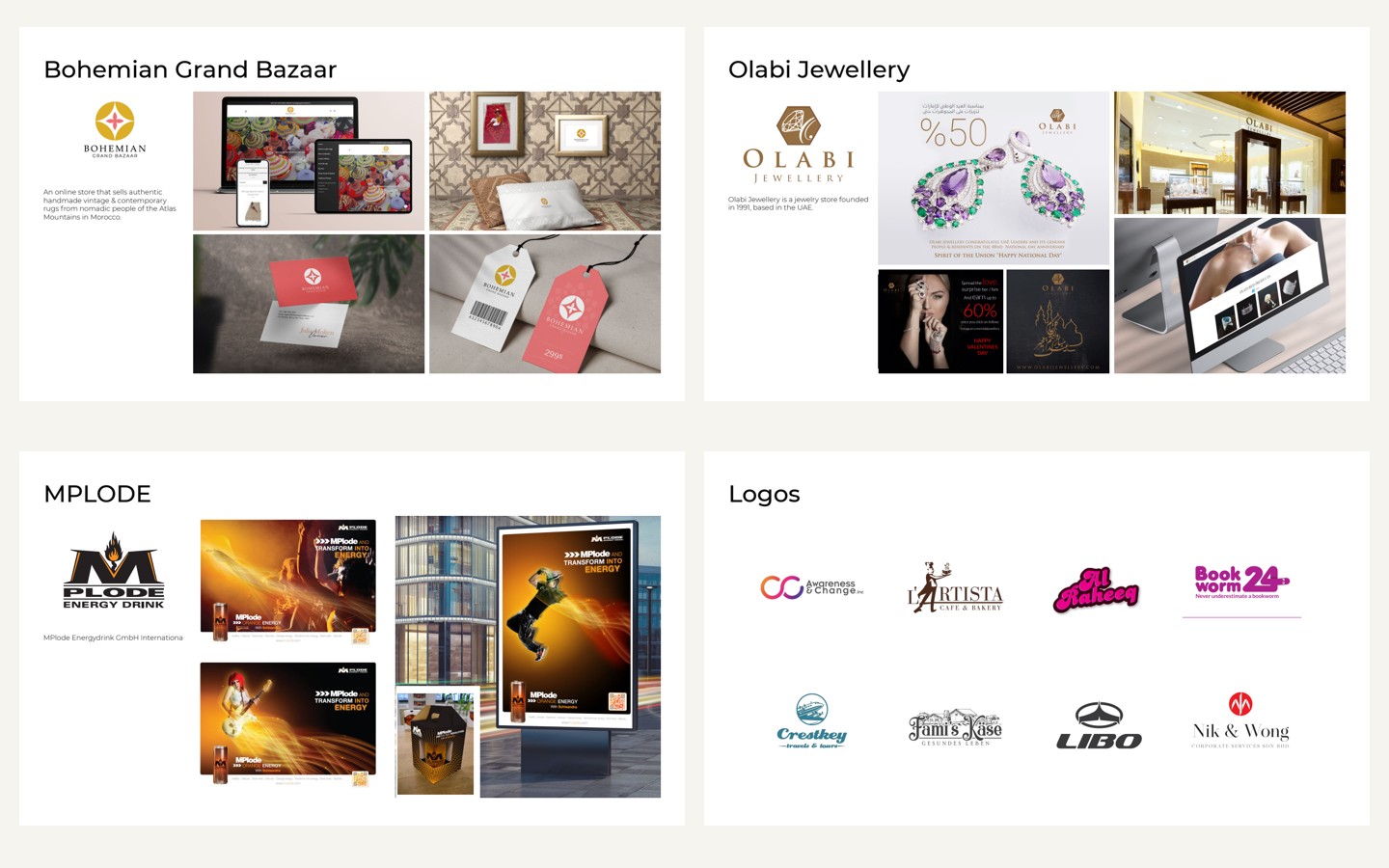 Selected actual graphic-design portfolio boards with branding, web mockups, and logos