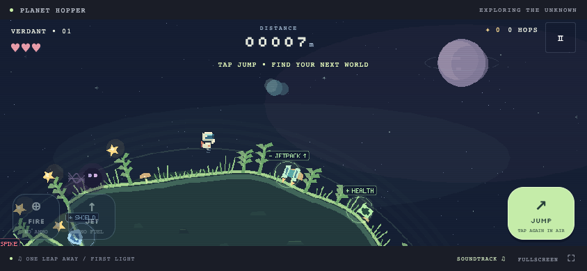 Planet Hopper pixel-art astronaut running across a lush curved planet